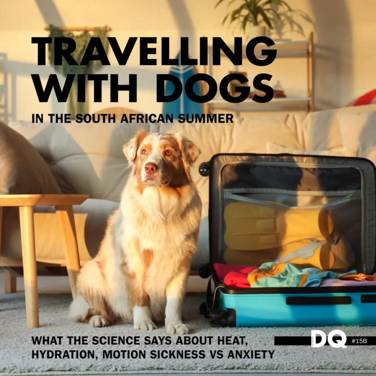A title image for our article on travelling with dogs in the south african summer focusing on heat, hydration, motion sickness vs anxiety